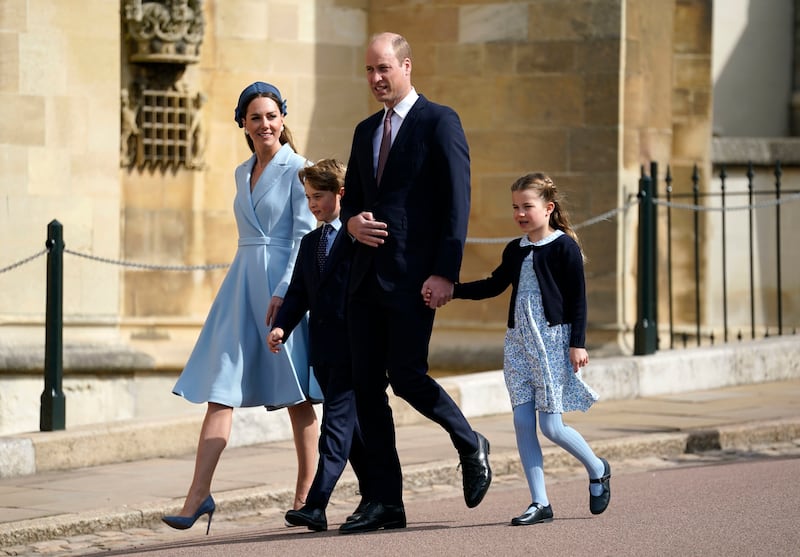 Prince William and the Duchess of Cambridge attend Easter Matins Service at at Windsor Castle with Prince George and Princess Charlotte in April.
