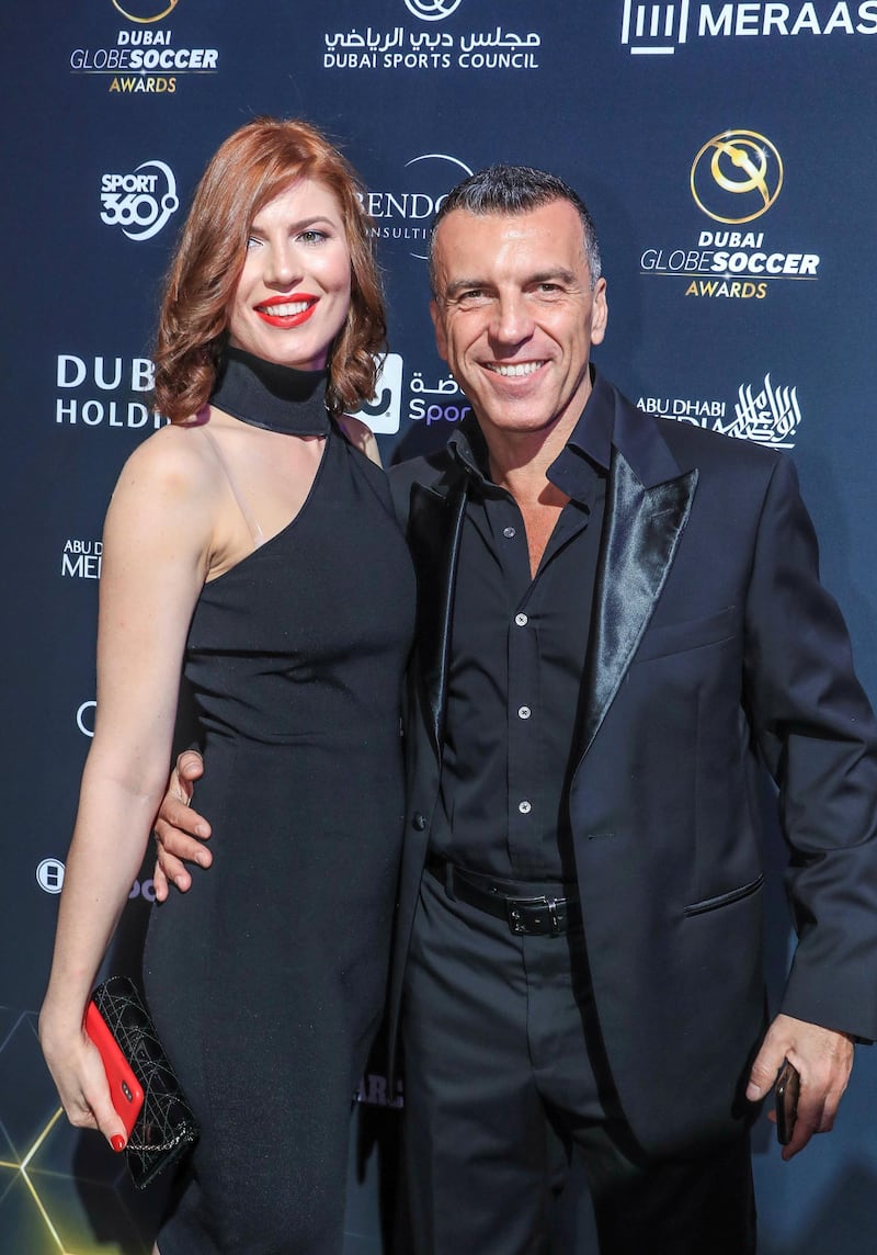 Dubai, U.A.E. . January 3, 2019.
Global Soccer Awards, red carpet at the Madinat Jumeirah.  (L-R) Kate Zueva and 
Roberto Re
Victor Besa / The National
Section:  SP
Reporter: