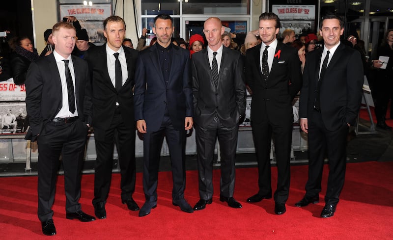 Paul Scholes, Phil Neville,Giggs, Nicky Butt, David Beckham and Gary Neville attend the world premiere of 'The Class of 92' in London in December 2013. Getty Images