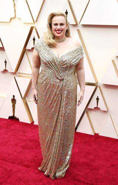 Rebel Wilson, wearing a gold sequinned Jason Wu gown, arrives for the 92nd Academy Awards ceremony at the Dolby Theatre in Hollywood on February 9, 2020. EPA