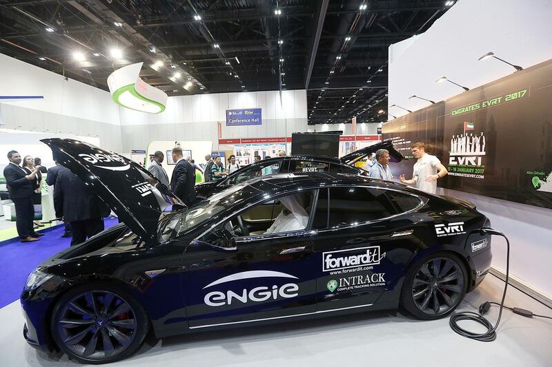 Electric cars displayed at the Inter solar Middle East conference in Dubai. There are about 200 hybrid taxis on Dubai’s roads. The first hybrids hit UAE roads three years ago. Satish Kumar / The National