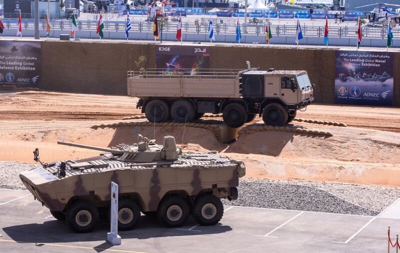 Abu Dhabi, United Arab Emirates, February 23, 2021.  Idex 2021 Day 3.  Heavy vehicle demonstration at the grandstand area.Victor Besa / The NationalSection:  NAReporter: