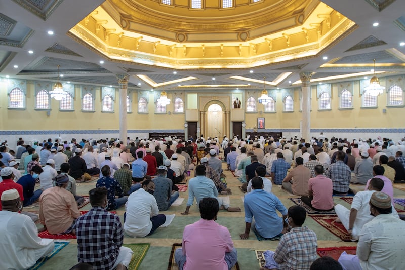 Worshippers perform prayers on the first morning of Eid Al Adha at Bani Hashim Mosque in Abu Dhabi. Victor Besa / The National