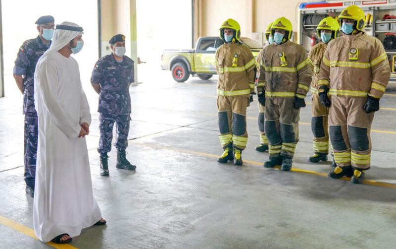 Hamdan bin Mohammed during his visit this morning to General Administration of Civil Defense in Al Qusais. Courtesy: Dubai Media Office Twitter