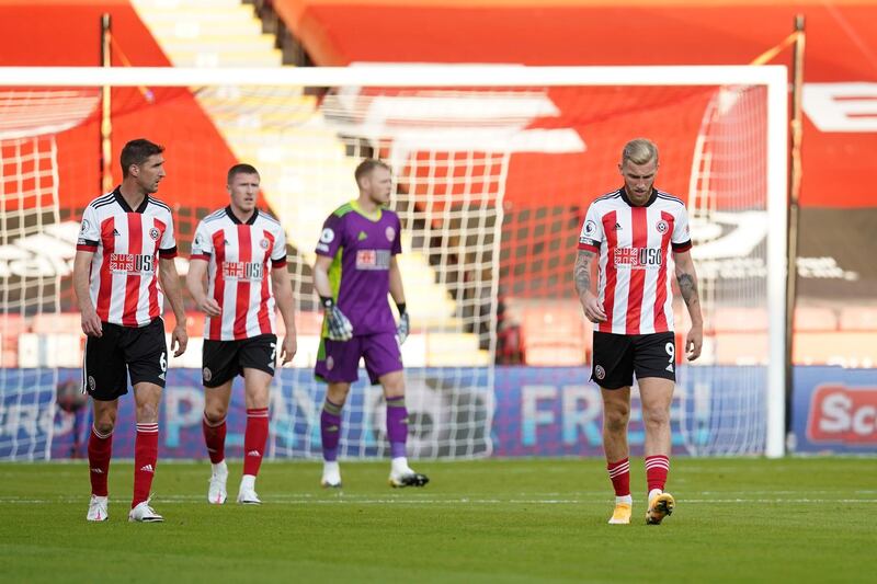 SHEFFIELD, ENGLAND - SEPTEMBER 14: Oli McBurnie of Sheffield United looks dejected during the Premier League match between Sheffield United and Wolverhampton Wanderers at Bramall Lane on September 14, 2020 in Sheffield, England. (Photo by Dave Thompson/Pool via Getty Images)