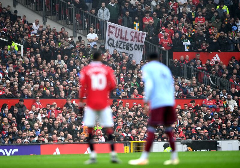 An anti Glazer banner is hung by Manchester United fans during a Premier League match in April