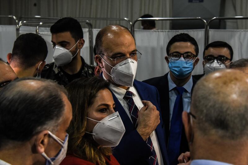 Beirut, Lebanon, 13 February, 2021. Hamad Ali Hasan, Lebanon's Minister for Health visits a new vaccine center at St George's hospital, on the eve of Lebanons Covid-19 vaccine roll-out. Lebanon is preparing to receive its first, Pfizer-Biontech Covid-19 vaccines.