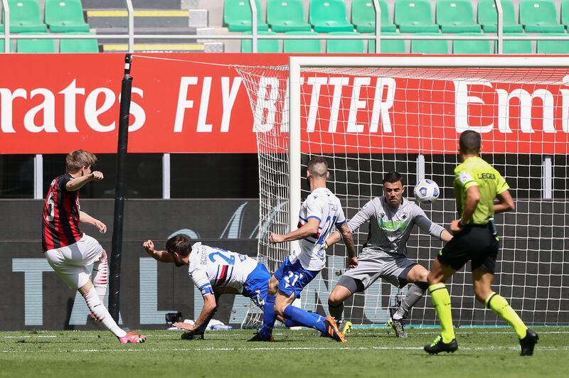 Jens Petter Hauge of AC Milan scores their team's first goal against Sampdoria. Getty