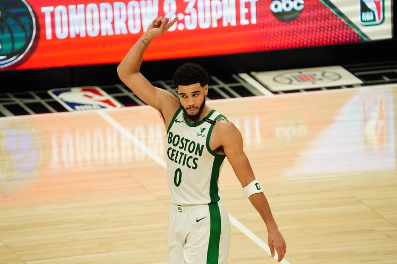 Feb 5, 2021; Los Angeles, California, USA; Boston Celtics forward Jayson Tatum (0) celebrates in the fourth quarter against the LA Clippers at Staples Center.The Celtics defeated the Clippers 119-115.  Mandatory Credit: Kirby Lee-USA TODAY Sports