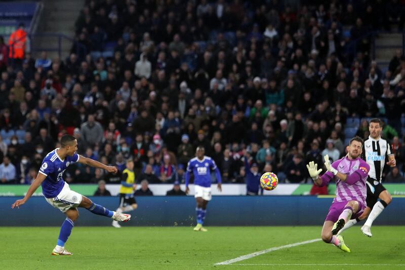 Youri Tielemans shoots to score Leicester's third goal and his second against Newcastle. AP