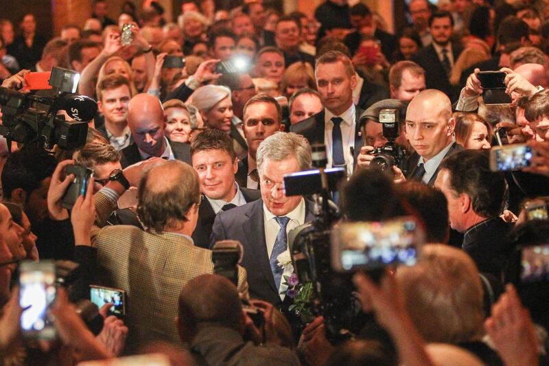 epa06482408 Finnish President Sauli Niinisto gives a speech speech after winning the presidential elections at the House of the Estates in Helsinki, Finland, 28 January 2018. Niinisto won presidential election with 62.7 per cent of support, while Green candidate Pekka Haavisto comes in second position with 12.4 per cent. Niinisto was widely expected to win enough votes during the first round of election that took place on 28 January.  EPA/Pekka Sipola