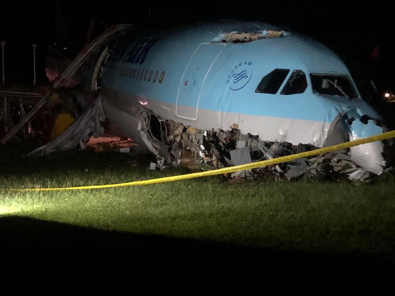 A handout photo made available by the Lapu-Lapu City Rescue Unit (LCRU) shows a damaged Korean Air passenger plane after it overshot the runway at the Mactan-Cebu International Airport in Cebu City, Philippines, 24 October 2022.  Passengers and crew were safe after the plane overshot the runway due to bad weather while attempting to land, aviation authorities said. .   EPA / Lapu-Lapu City Rescue Unit  /  HANDOUT BEST QUALITY AVAILABLE HANDOUT EDITORIAL USE ONLY / NO SALES