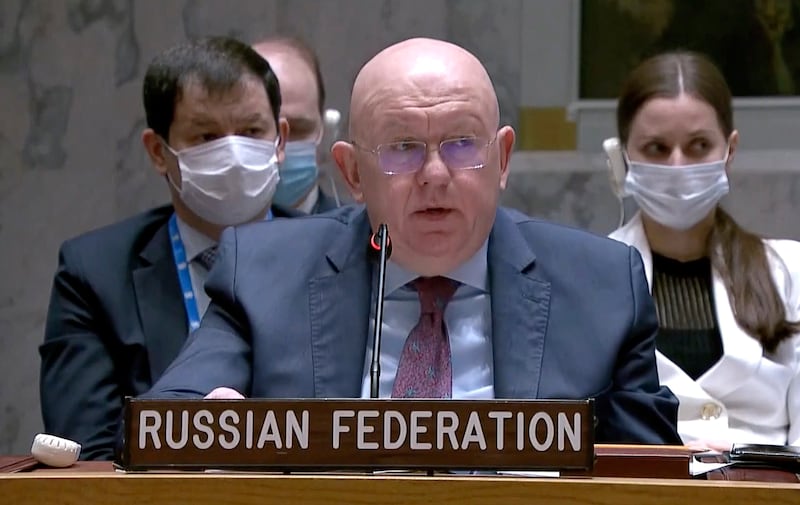 Russia's UN ambassador Vasily Nebenzya told the council of a network of 30 US-funded laboratories across Ukraine developing deadly diseases as weapons. AP