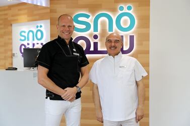 From left, Dr Per Rehnberg, chief executive of Snö Dental Clinics, and dentist Dr Nasser Fouda, say dentists can often view their practice as a business rather than as providing healthcare. Pawan Singh / The National