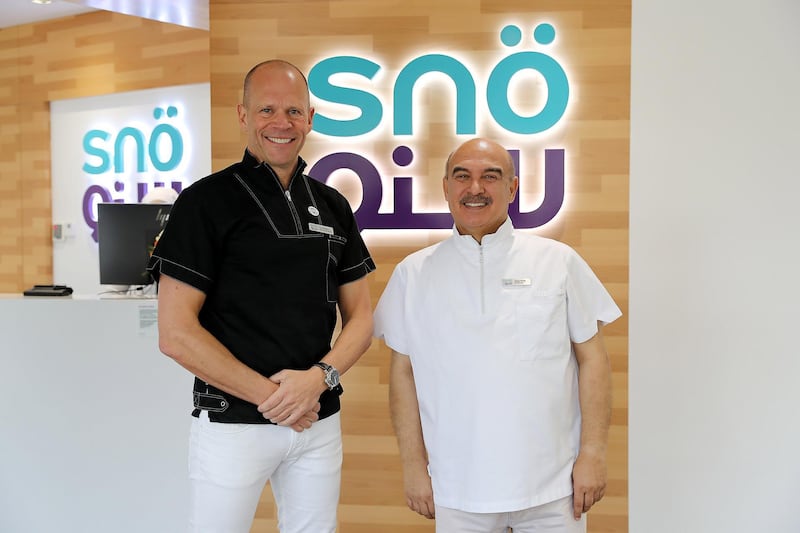ABU DHABI , UNITED ARAB EMIRATES , MAY 8 – 2018 :- Left to Right-  Dr Per Rehnberg , dentist and Dr Nasser Fouda , dentist at Sno Dental Clinic in Abu Dhabi.  ( Pawan Singh / The National )  For News. Story by Nick Webster