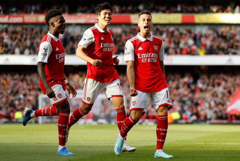 Arsenal's Brazilian midfielder Gabriel Martinelli celebrates scoring the first goal. AFP