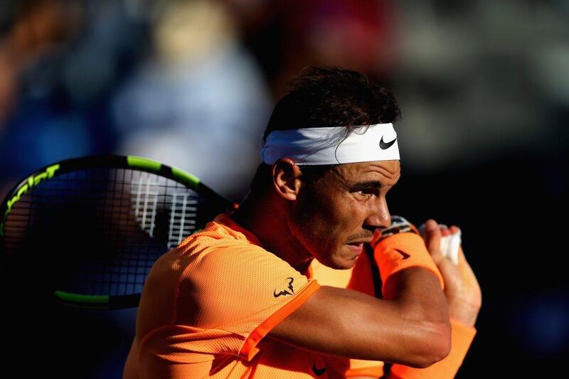 Rafael Nadal of Spain in action against David Goffin of Belgium during the final match of the Mubadala World Tennis Championship at Zayed Sport City in Abu Dhabi on December 31, 2016 . Francois Nel / Getty Images