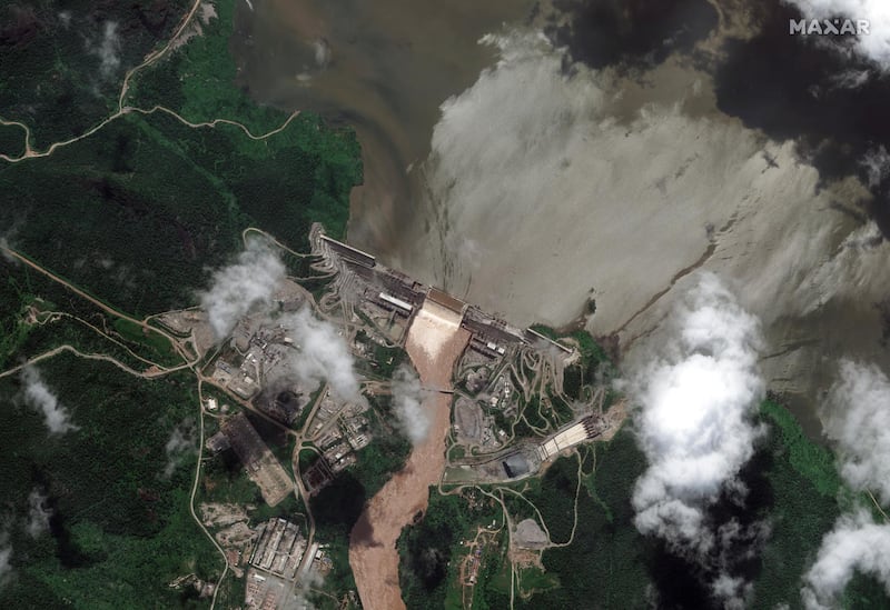 A satellite image shows the Grand Ethiopian Renaissance Dam on the Blue Nile river in July, 2020. Maxar Technologies via AP