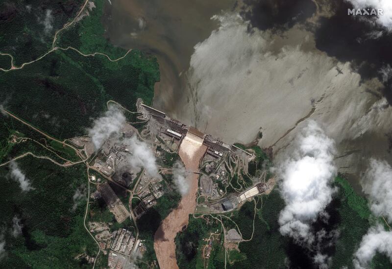 A satellite image shows the Grand Ethiopian Renaissance Dam on the Blue Nile river in the Benishangul-Gumuz region of Ethiopia on Tuesday, July 28, 2020. Maxar Technologies via AP