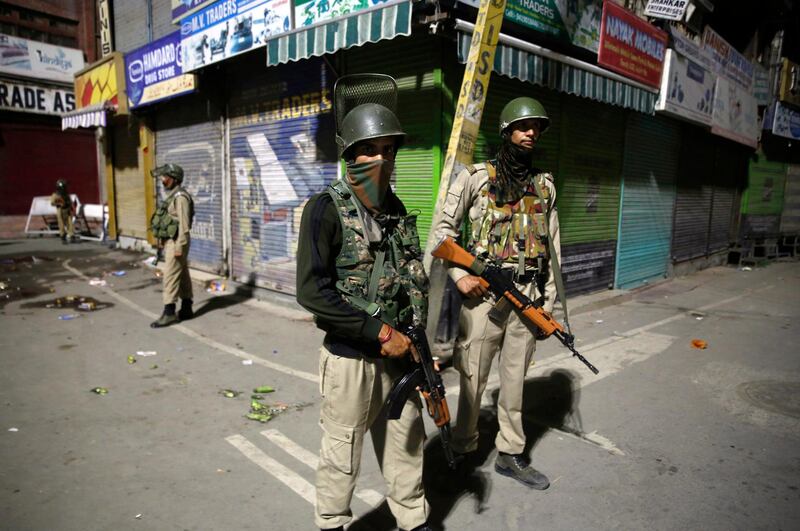 Indian paramilitary soldiers stand guard in Srinagar, the summer capital of Indian Kashmir, 04 August 2019. EPA