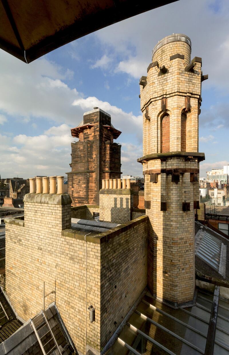 The view from the modern viewing platform across to the Mackintosh Tower (left) at the Lighthouse - Scotland's National Centre for Design and Architecture, in the city centre of Glasgow.