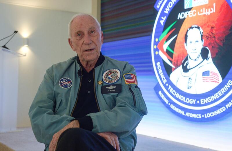 Abu Dhabi, United Arab Emirates - Alfred Worden, an American astronaut and engineer who was the Command Module Pilot for the Apollo 15 lunar mission in 1971 attended the Abu Dhabi International Petroleum Exhibition and Conference at ADNEC on Wednesday November 15, 2017. (Khushnum Bhandari/ The National)