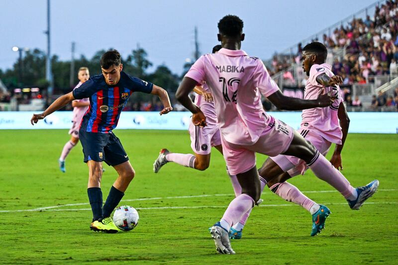 Barcelona midfielder Pedri on the ball during a friendly match against Inter Miami. AFP