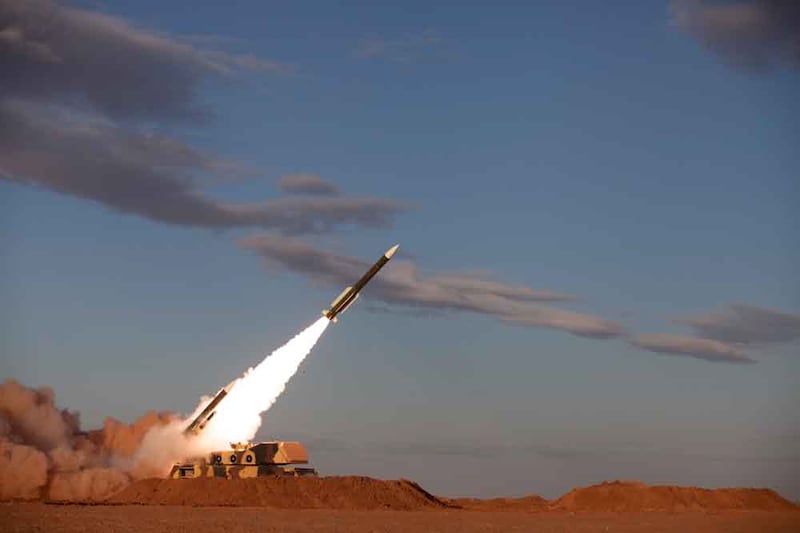 Iran holds a major air defence drill. In this image, made available on October 12, 2021, missiles are launched during a joint exercise between the Iranian Army and the country’s Islamic Revolutionary Guard Corps, in the desert of central Iran. Iranian Army via EPA