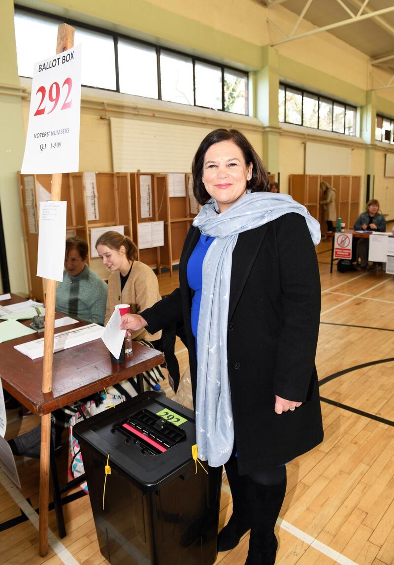 President of Sinn Fein Mary Lou McDonald casts her vote in general elections at a polling station in Dublin, Ireland.  EPA