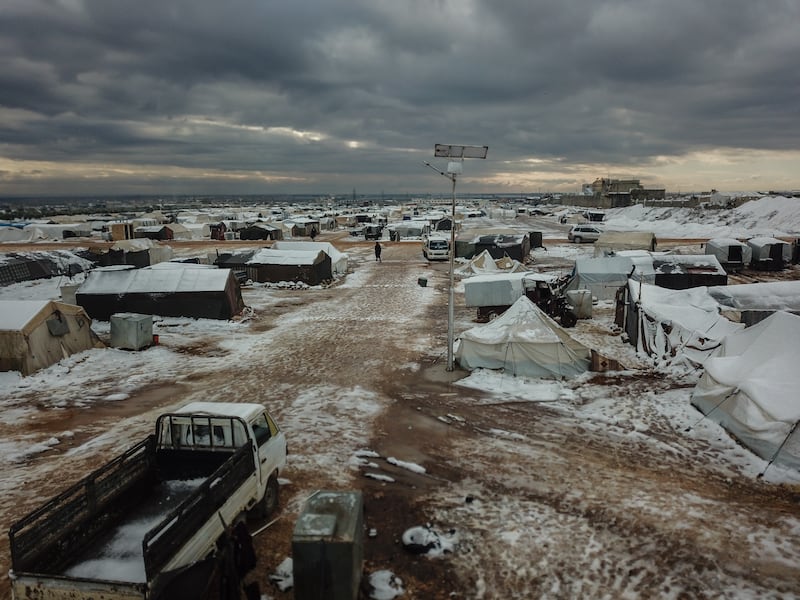 An aerial view of the snow-covered Al Zaytoun camp near the city of Azaz in the northern countryside of Aleppo, where about 600 tents are set up. All photos: Moawia Atrash / The National