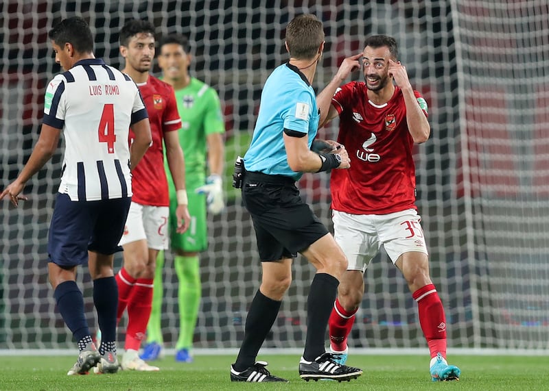 Ahmed Abdel Kader of Al Ahly argues with the referee. 