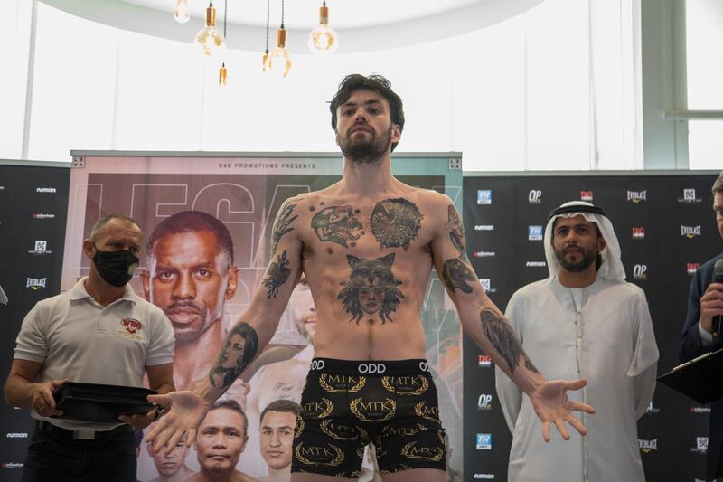 Dubai, United Arab Emirates - Tyrone McKenna ( Ireland) at the weigh-in for his bout with Turarov (Kazakstan) at Leva Hotel, Sheikh Zayed Road.  Leslie Pableo for The National for Amith Pasella's story