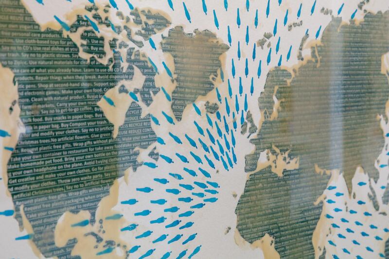 Detail view of Behnoosh Feiz's work titled 'One Planet, One Home', part of Tashkeel's group exhibition 'Plastic' which closed early last month due to the coronavirus outbreak. The organisation is now using online tools to engage with its community. Courtesy the artist and Tashkeel