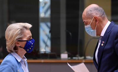 Mr Jansa, right, will help to steer the EU agenda with European Commission president Ursula von der Leyen, left. AP 