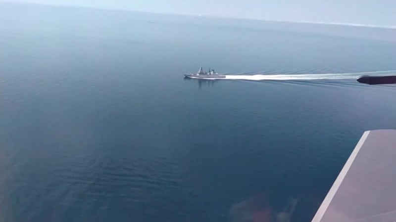 A still image taken from a video released by Russia's Defence Ministry allegedly shows British Royal Navy's Type 45 destroyer HMS Defender filmed from a Russian military aircraft in the Black Sea. Reuters