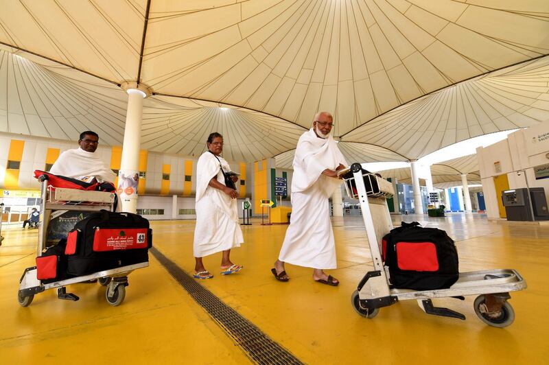 Pilgrims arrive at King Abdulaziz International Airport in JEddah, prior to the annual Hajj pilgrimage in the holy city of Mecca. The Hajj is the fifth pillar of Islam, a religious duty that must be carried out at least once in the lifetime of every able-bodied Muslim who can afford to do so. AFP