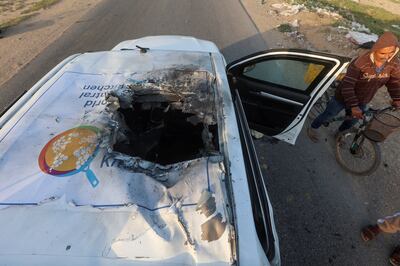 One of the damaged World Central Kitchen vehicles hit in an Israeli airstrike in Deir Al Balah, central Gaza. Reuters