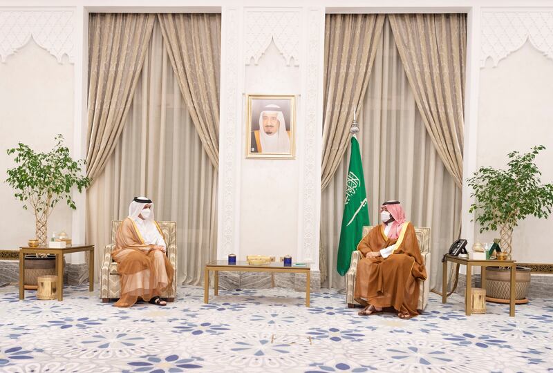 Saudi Arabia's Crown Prince Mohammed bin Salman meets Qatar's Deputy Prime Minister and Minister of Foreign Affairs Mohammed bin Abdul Rahman Al Thani at the royal palace in Neom.