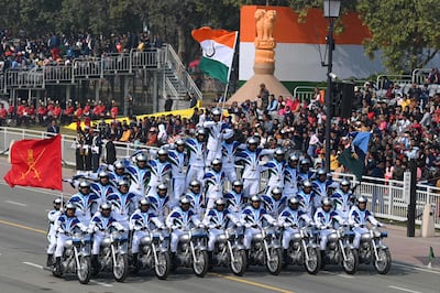 Indian military dare devil stunt team performs during the full dress rehearsal for the upcoming Republic Day parade, in New Delhi on January 23, 2023.  ( AFP)