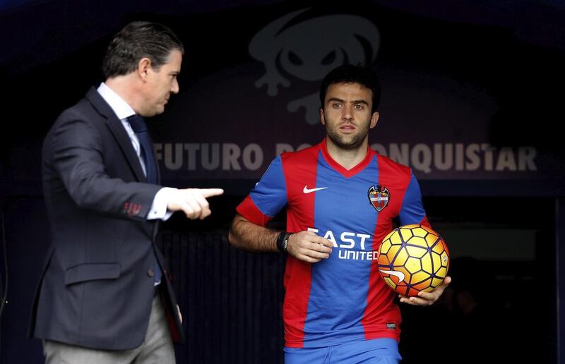 Giuseppe Rossi shown during his presentation at Valencia-based club Levante after his loan from Fiorentina in January. Juan Carlos Cardenas / EPA 