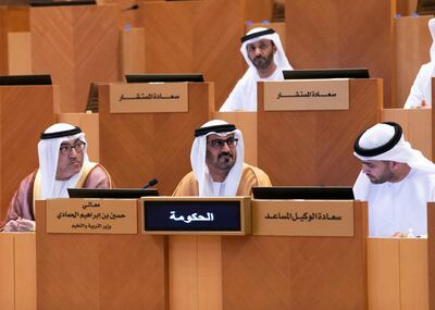 ABU DHABI, UNITED ARAB EMIRATES. 7 JANUARY 2020. 
Cabinet Member and Minister of Education
His Excellency Hussain bin Ibrahim Al Hammadi at the Federal National Council’s second session of the year.
(Photo: Reem Mohammed/The National)

Reporter:
Section: