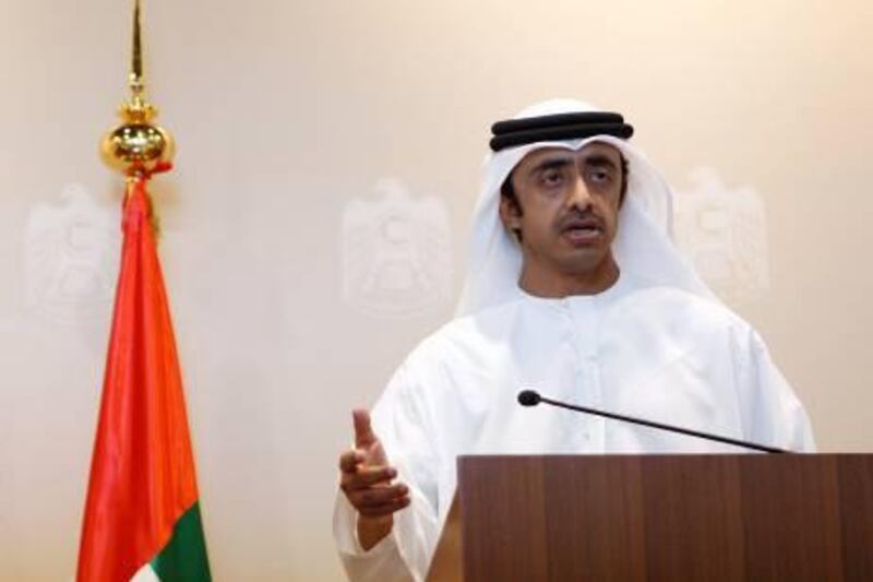 ABU DHABI - 10JAN2012 - Shaikh Abdullah bin Zayed Al Nahyan, Foreign Minister of the UAE  addressing media yesterday at the UAE Foreign Ministry Office in Abu Dhabi. Ravindranath K / The National
