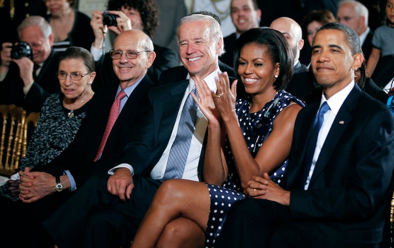 L-R: Former Supreme Court Associate Justices Ruth Bader Ginsburg and Stephen Breyer, then Vice President Joe Biden, former first lady Michelle Obama, and former US President Barack Obama, listen to Regina Spektor perform at an event honouring Jewish American Heritage Month, in the White House, on May 27, 2010. When Breyer was retiring, President Joe Biden pledged to name the first Black woman to the high court. Justice Ketanji Brown Jackson was appointed this year. AP