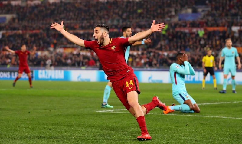 ROME, ITALY - APRIL 10:  Kostas Manolas of AS Roma celebrates after scoring his sisdes third goal UEFA Champions League Quarter Final Second Leg match between AS Roma and FC Barcelona at Stadio Olimpico on April 10, 2018 in Rome, Italy.  (Photo by Catherine Ivill/Getty Images)