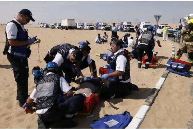 About 200 emergency crew members took part in a plane crash drill in a remote area between Al Aweer and Al Ruwayah yesterday.