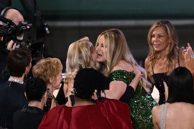 Jennifer Coolidge is congratulated after winning the award for Outstanding Supporting Actress In A Limited Or Anthology Series Or Movie for 'The White Lotus'. AFP