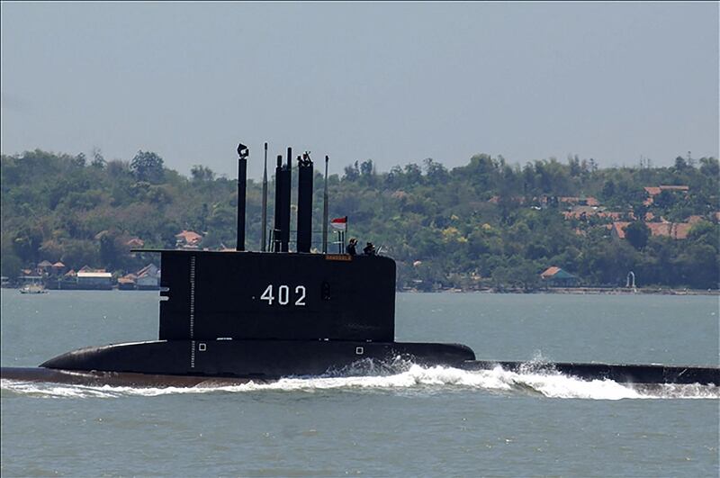 This undated handout from the Indonesia Military released on April 21, 2021 shows the Indonesian Cakra class submarine KRI Nanggala setting out from the naval base in Surabaya.  Indonesia's military said it was searching for the submarine with 53 crew aboard after losing contact with the vessel during naval exercises off the coast of Bali on April 21, 2021. - -----EDITORS NOTE --- RESTRICTED TO EDITORIAL USE - MANDATORY CREDIT "AFP PHOTO / INDONESIA MILITARY" - NO MARKETING - NO ADVERTISING CAMPAIGNS - DISTRIBUTED AS A SERVICE TO CLIENTS
 / AFP / INDONESIA MILITARY / Handout / -----EDITORS NOTE --- RESTRICTED TO EDITORIAL USE - MANDATORY CREDIT "AFP PHOTO / INDONESIA MILITARY" - NO MARKETING - NO ADVERTISING CAMPAIGNS - DISTRIBUTED AS A SERVICE TO CLIENTS
