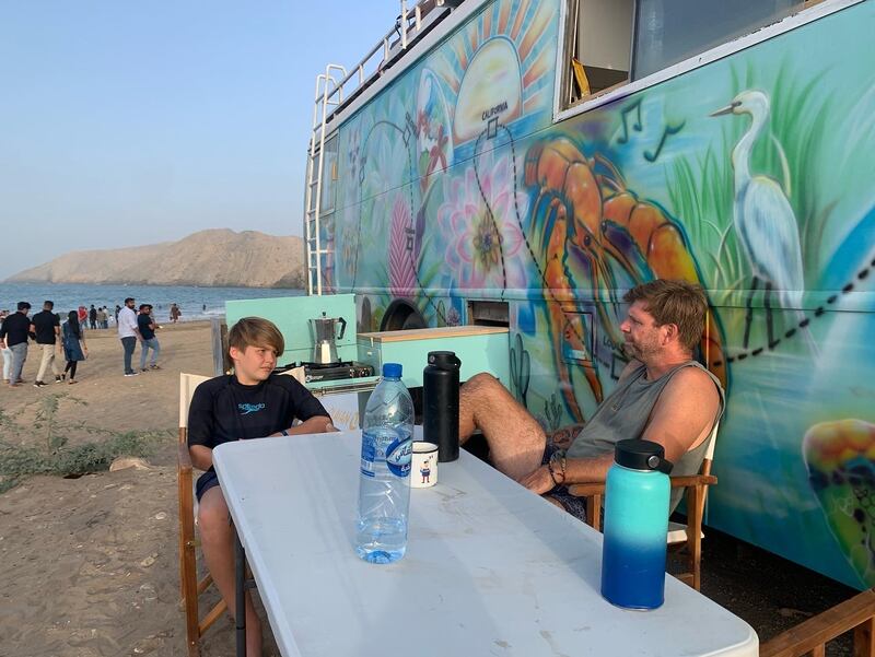 Ben and Kai in Oman in May during a test run in the bus.