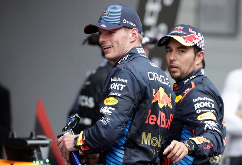 Third placed Red Bull driver Sergio Perez, right, with sprint race winner Max Verstappen of Red Bull at the Chinese Grand Prix in Shanghai on Saturday, April 20, 2024. EPA