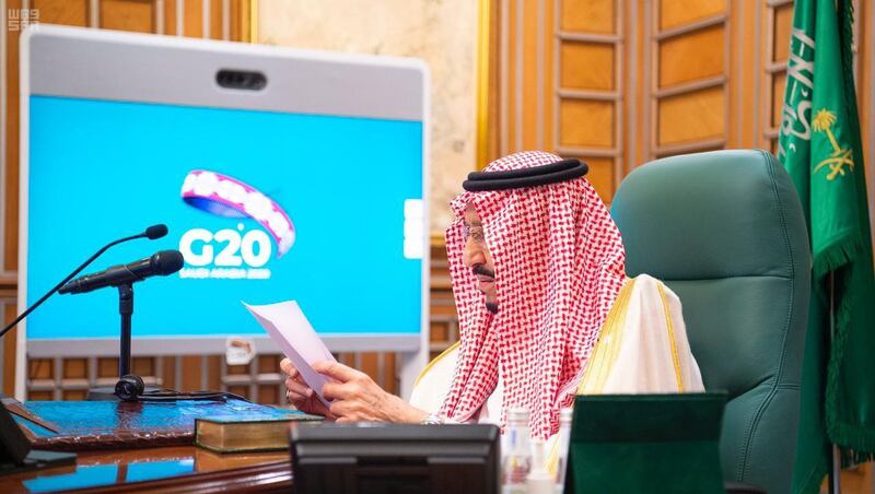 Saudi Arabia's King Salman during a previous G20 meeting. The kingdom holds the rotating presidency of the G20 and will hold a virutal meeting of energy ministers on Friday. Saudi Press Agency